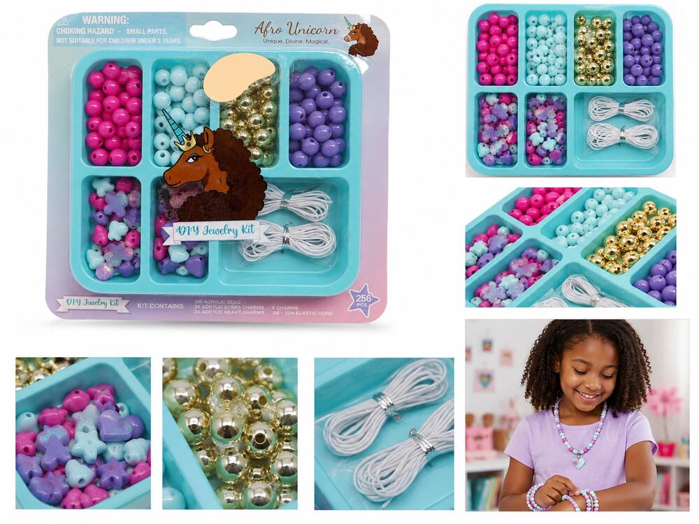 Afro Unicorn DIY Jewelry Kit – 256 Pieces – Beads, Charms & Elastic Cord